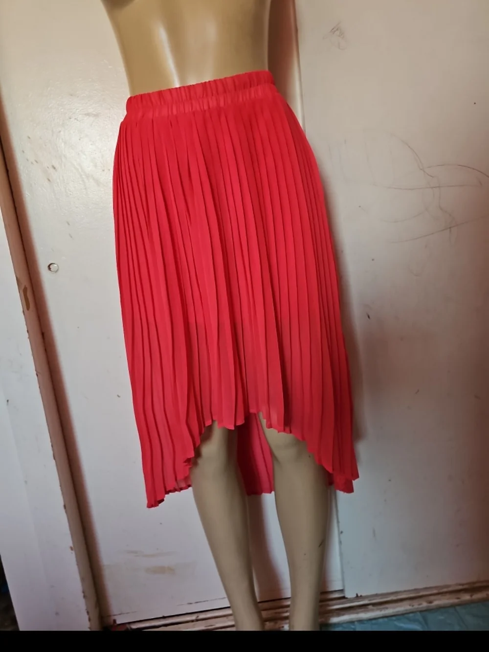 Pleated Hi-Low Midi Skirt - Coral Pink - Picture 1 of 4
